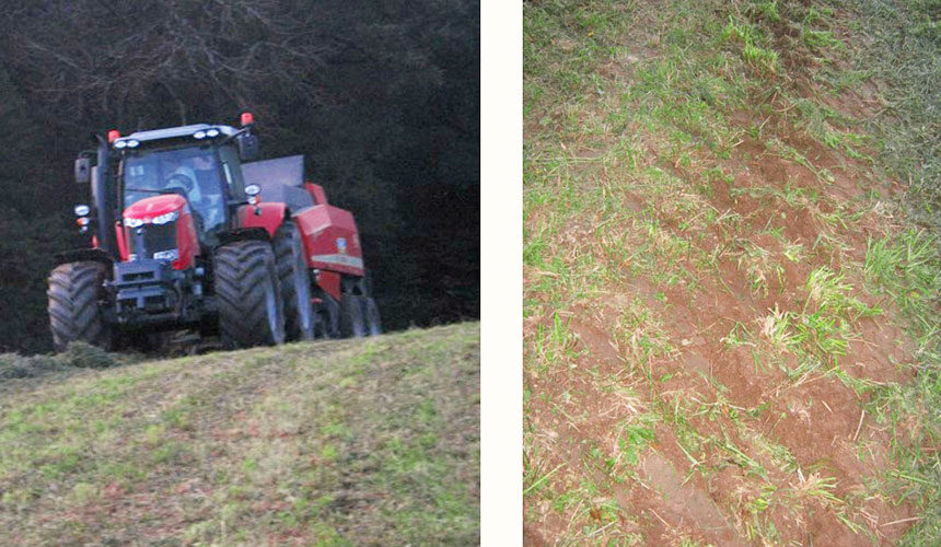 Wyrywanie trawy i degradacja gleby na pochyłym polu z powodu złego ogumienia