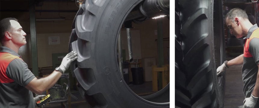 Manualna kontrola jakości Firestone w trakcie produkcji wysokiej jakości opon ciągnikowych